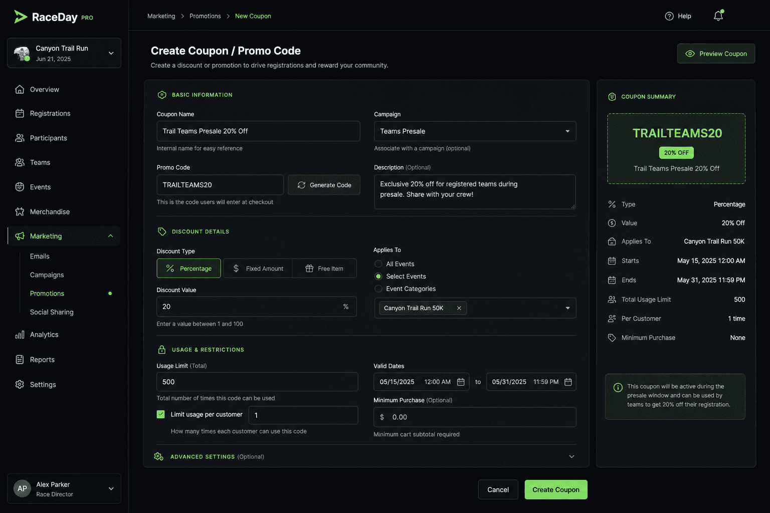 Configuración de cupones y promociones de inscripción