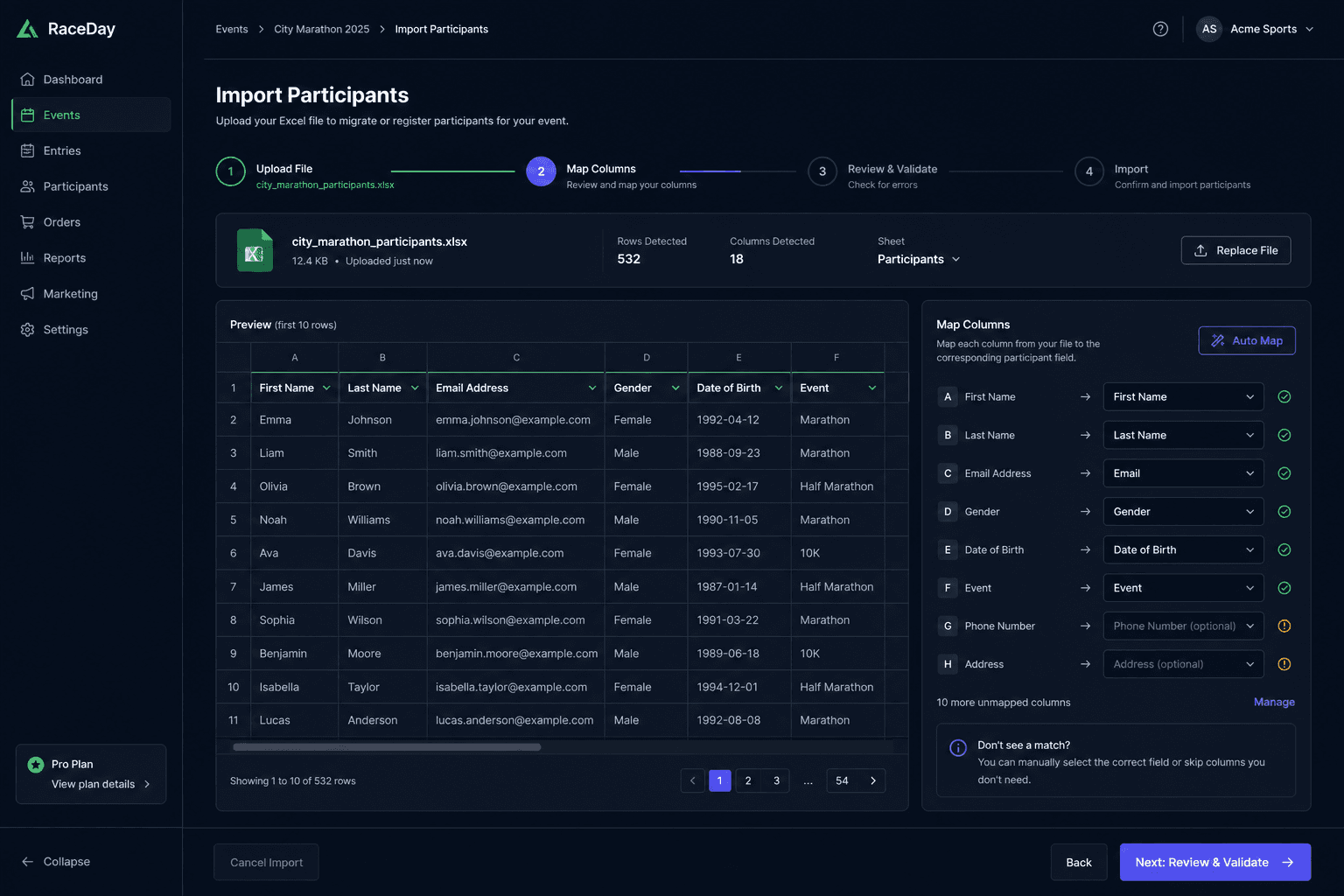 Importación de participantes desde Excel